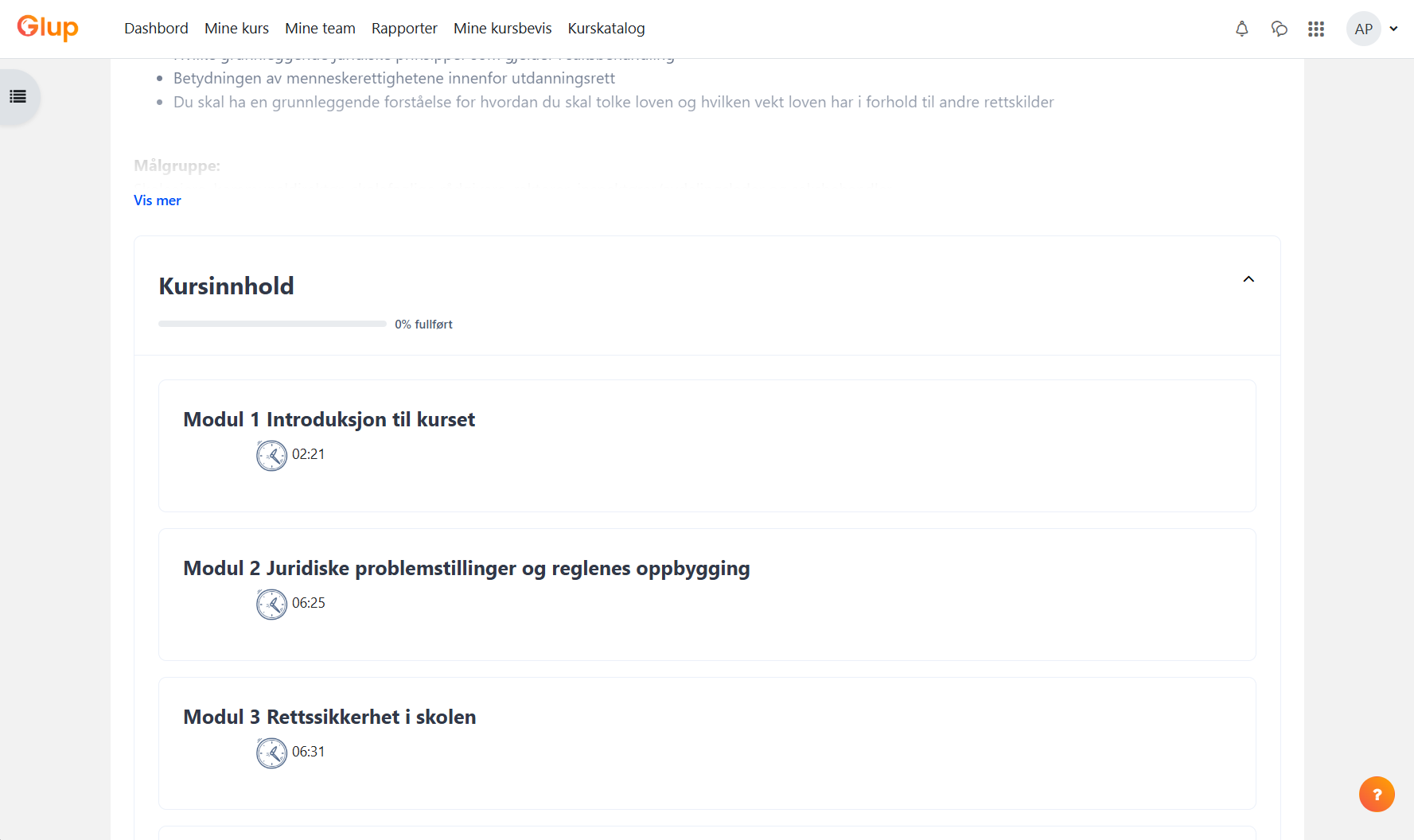 Skjermbilde av en kursside i Glup