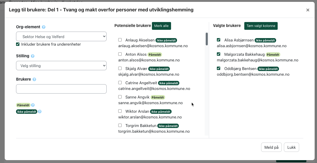 Skjermbilde av pop-up for funksjonen kurstildeling. 
