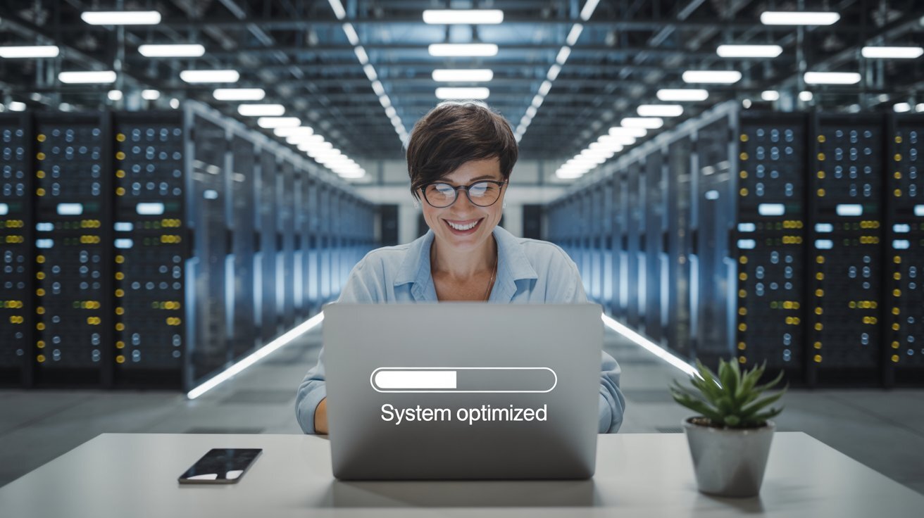 Kvinne på serverrom. AI-generert bilde. 