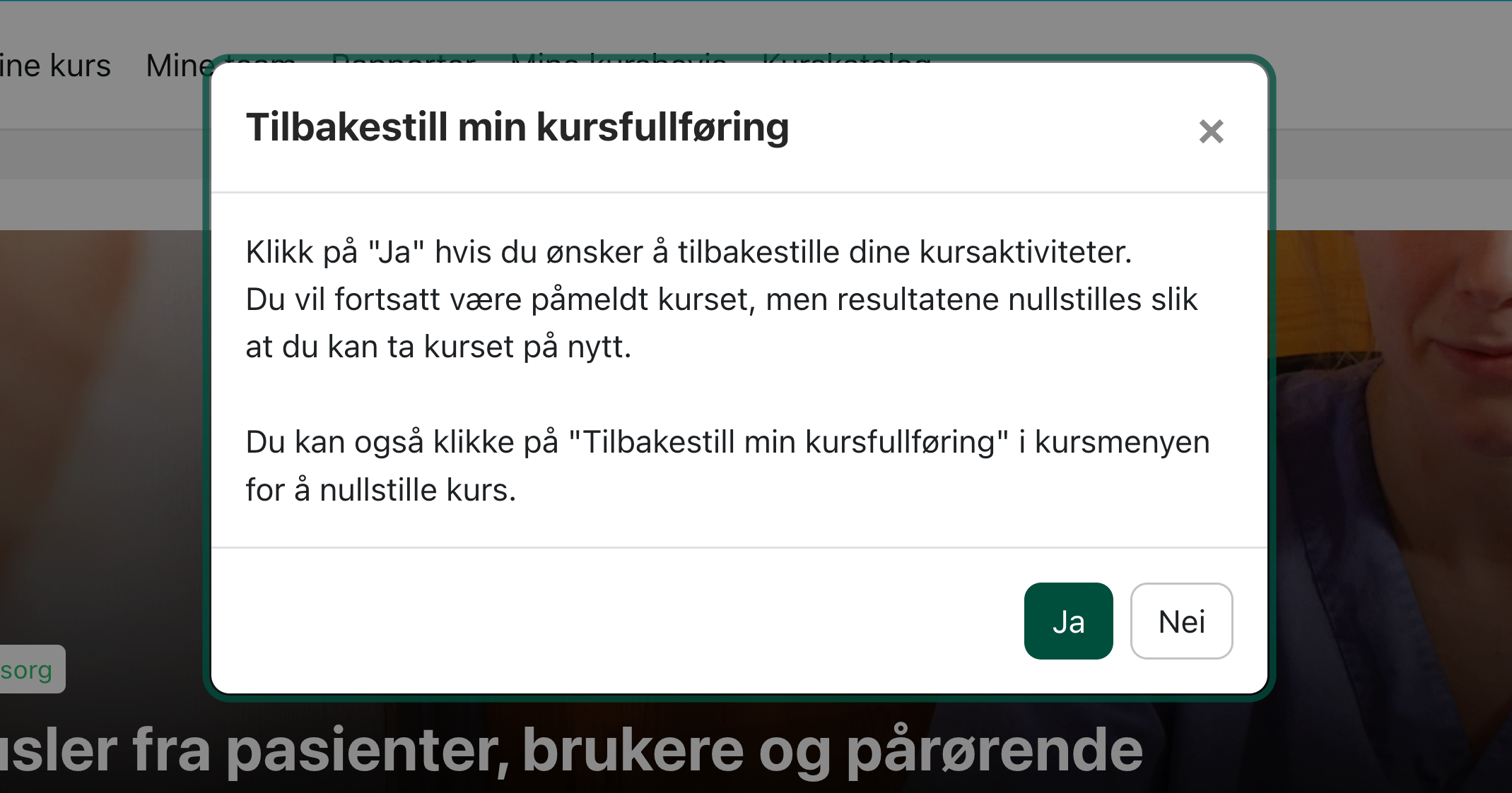 Skjermbilde av pop-up vindu for tilbakestilling av kursfullføring